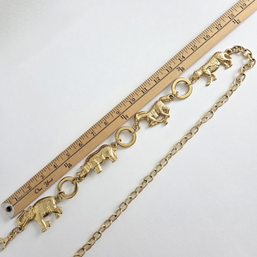 Vintage 80s Gold Tone Metal Animals / Elephant Zebra Rhino Cheetah / Chain Belt - Picture 8 of 10